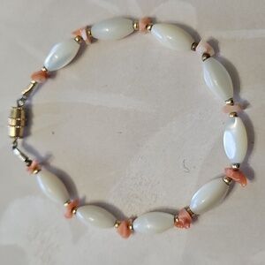 #151 Mother Of Pearl, Orange Coral Beaded Bracelet Vintage 1960s